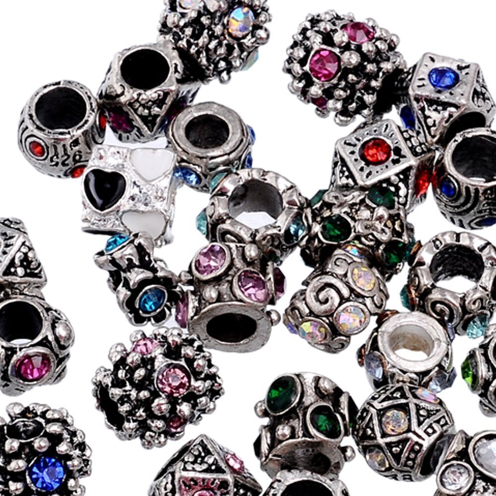 8660 50Pcs Mix Lot Assorted Crystal Silver Color Tibetan Metal Charm Beads